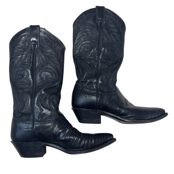 VTG 90s Justin Women Block Heel Cowboy Boots Black Lizard Leather 6B Western EUC - Picture 7 of 9